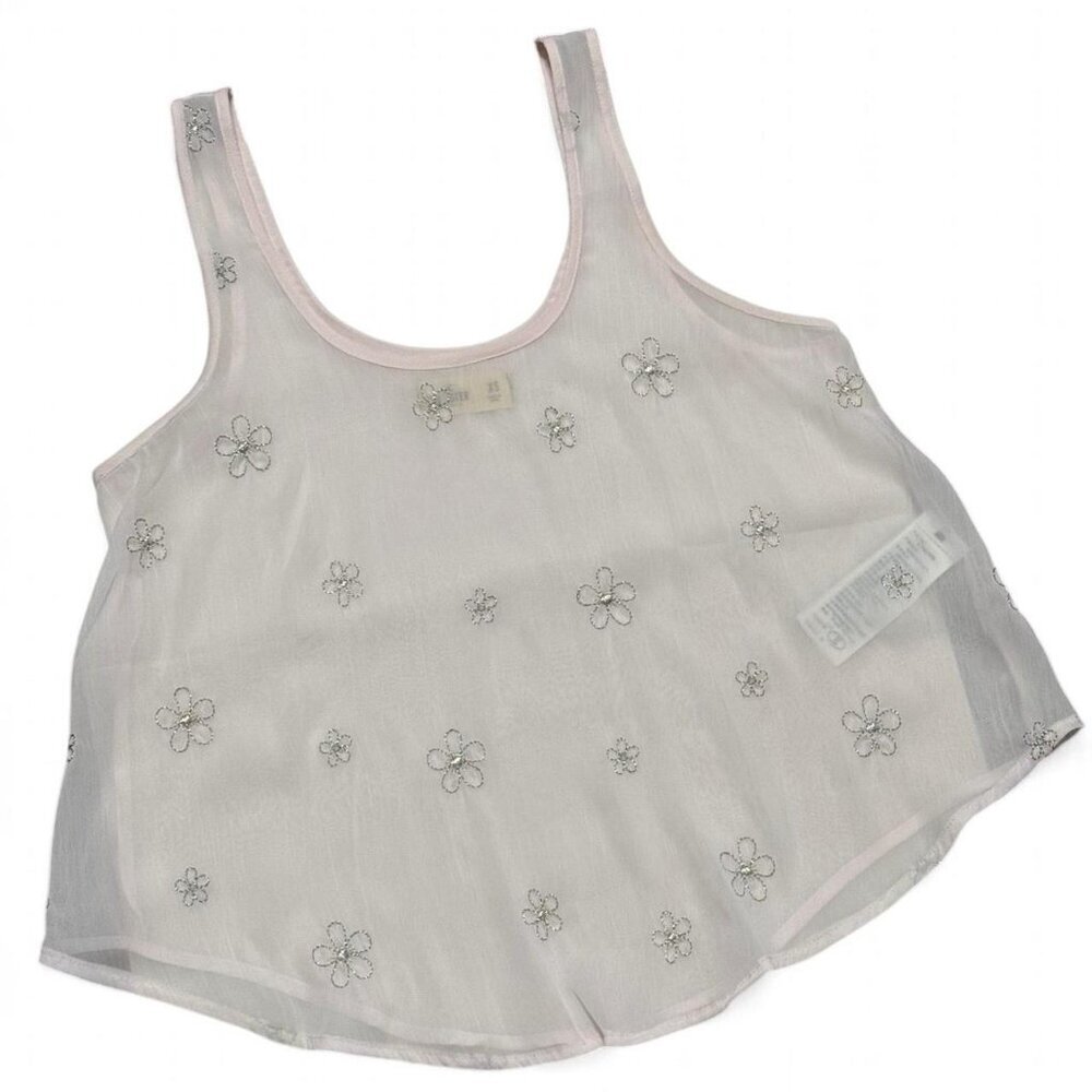 Light Soft Pink Sheer Hollister Co. tank top with embroidered flowers. Size XS - Picture 3 of 9